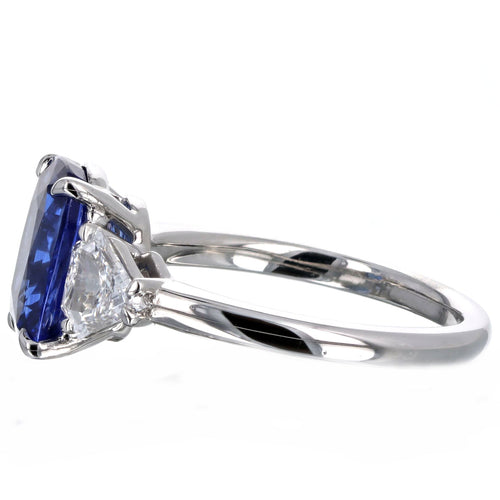 3.72 Carat Cushion Natural Sapphire Shield Diamond Three Stone Ring in Platinum GIA Certified - Queen May