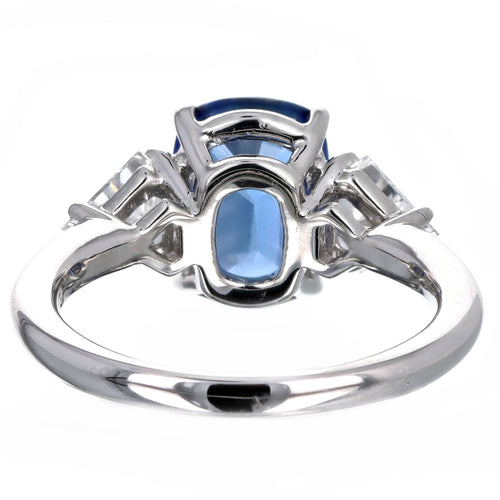 3.72 Carat Cushion Natural Sapphire Shield Diamond Three Stone Ring in Platinum GIA Certified - Queen May