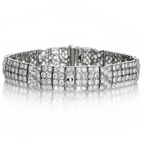 Art Deco M. Waslikoff & Sons 15 Carat Total Weight Marquise Old European Diamond Bracelet in Platinum - Queen May