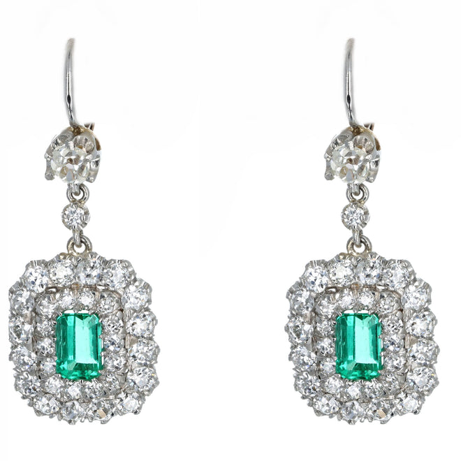 Victorian Inspired Natural Colombian Emerald Old European Diamond Drop Earrings Platinum 18K Yellow Gold - Queen May