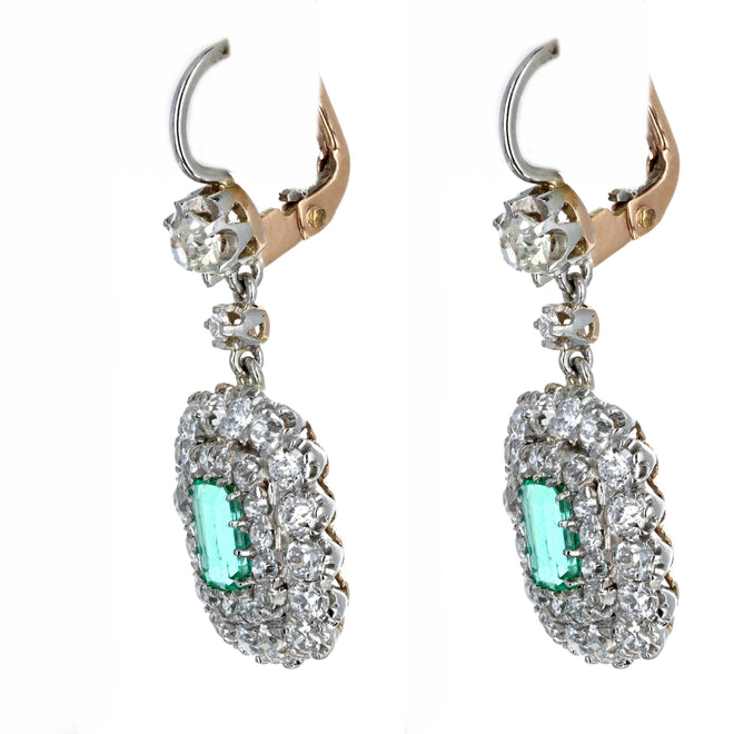 Victorian Inspired Natural Colombian Emerald Old European Diamond Drop Earrings Platinum 18K Yellow Gold - Queen May