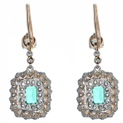 Victorian Inspired Natural Colombian Emerald Old European Diamond Drop Earrings Platinum 18K Yellow Gold - Queen May