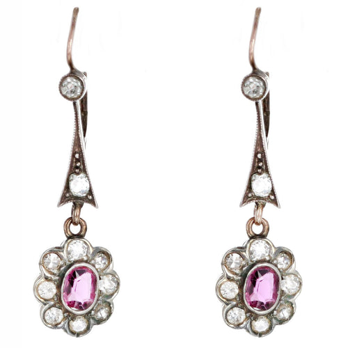 Victorian Oval Natural Pink Sapphire Old European Diamond Drop Earrings in 10K Yellow Gold Sterling Silver - Queen May