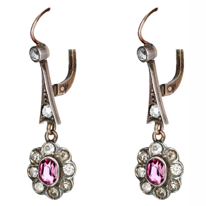 Victorian Oval Natural Pink Sapphire Old European Diamond Drop Earrings - Queen May