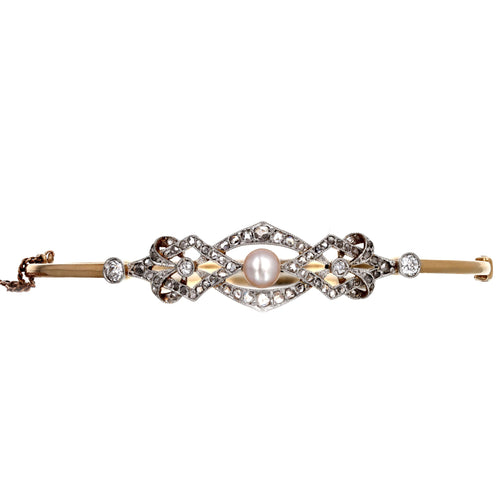 Edwardian 5.5mm Pearl Old European Diamond Bangle in 18K Yellow Gold Platinum - Queen May