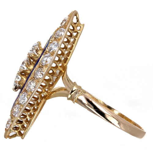Victorian 1.25 Carat Total Weight Old European Diamond Enamel Navette Ring in 18K Yellow Gold - Queen May
