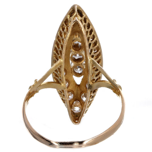 Victorian 1.25 Carat Total Weight Old European Diamond Enamel Navette Ring in 18K Yellow Gold - Queen May
