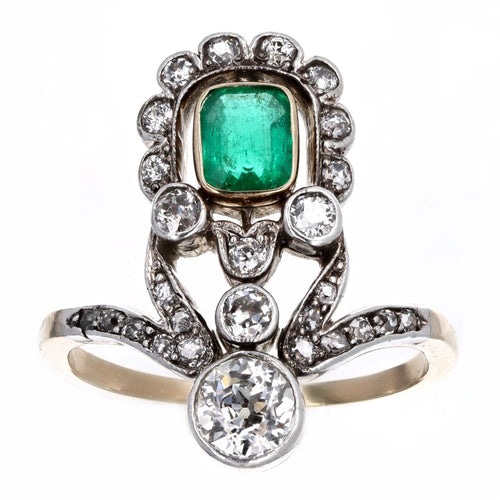 Edwardian 0.55 Carat Natural Emerald Old European Diamond Ring - Queen May