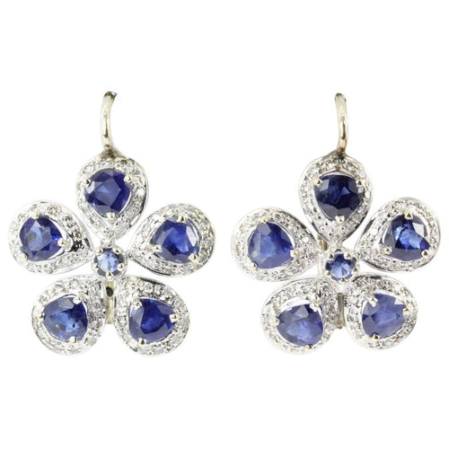 Retro 18K White & Yellow Gold Natural Blue Sapphire & Diamond Earrings - Queen May