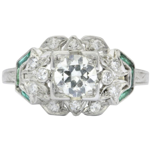 Art Deco Platinum Diamond and French Cut Emerald Ring c.1920 - Queen May