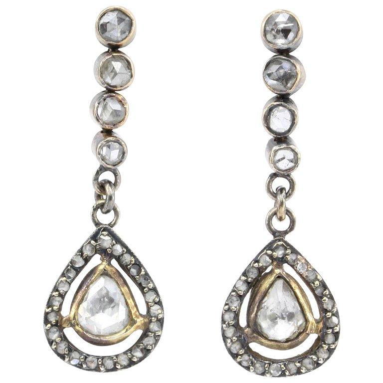 Antique Victorian Rose Cut Diamond, Silver, and 18k Gold Flower Earrings