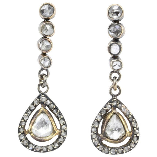 Victorian 10K Rose Gold Rose Cut Diamond Drop Earrings c.1890 - Queen May