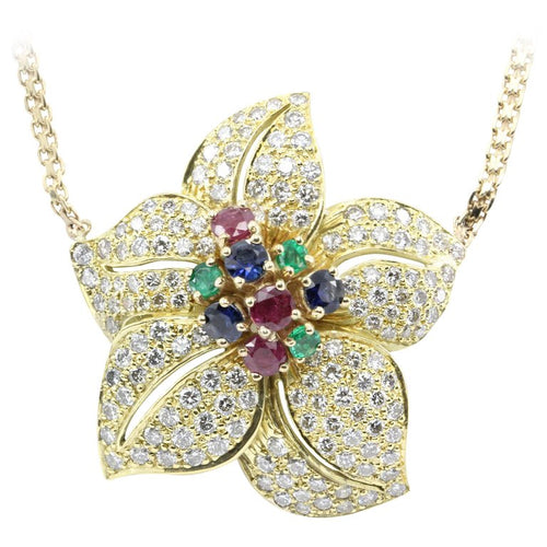 Retro Gold Diamond Emerald Ruby Sapphire Chunky Flower Necklace - Queen May