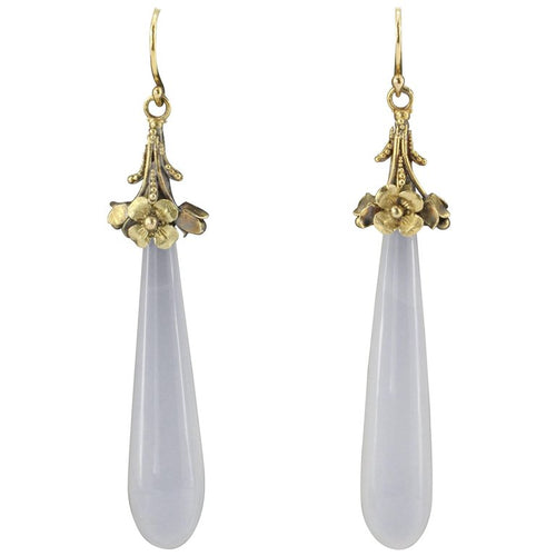 Victorian 15K Gold White Purple Chalcedony Drop Dangle Earrings c.1835 - Queen May