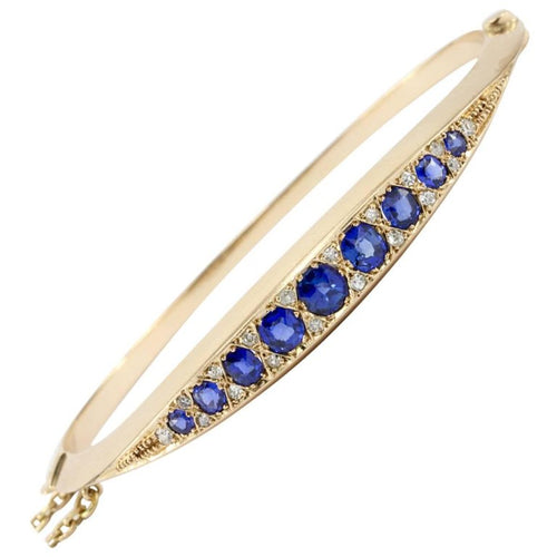 Victorian 15k Gold Natural Sapphire & Old Mine Diamond Bangle Bracelet c.1890's - Queen May