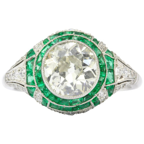Art Deco Revival Platinum 1.66 CT Diamond and Emerald Ring size 5.5 - Queen May