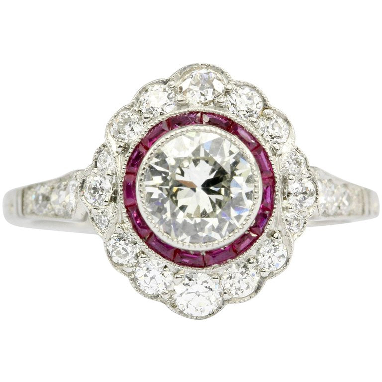 Edwardian Style Platinum .63 CT Diamond Ruby Halo Handmade Ring Size 6 ...