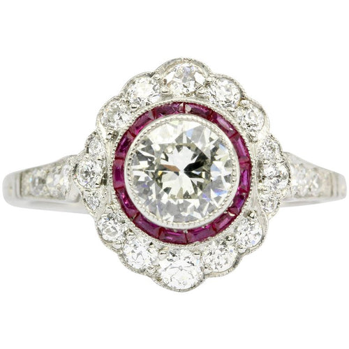 Edwardian Style Platinum .63 CT Diamond Ruby Halo Handmade Ring Size 6 - Queen May