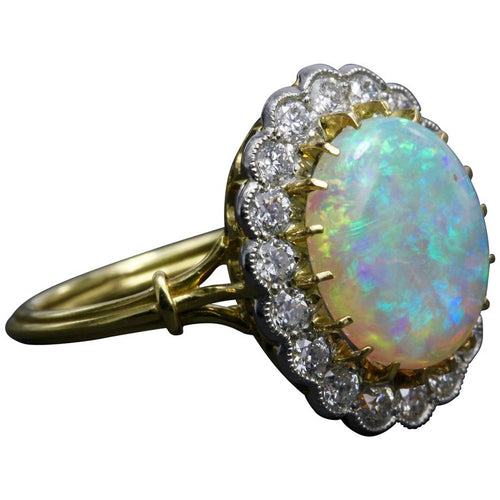 Victorian Revival 18K White Gold and Platinum Opal and Diamond Halo Ri ...