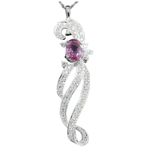 Retro Natural Ceylon Pink Sapphire and Diamond Pendant Necklace - Queen May