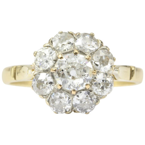 Victorian 18K Yellow Gold Diamond Flower Cluster Ring 1.22 CTW Size 6 - Queen May