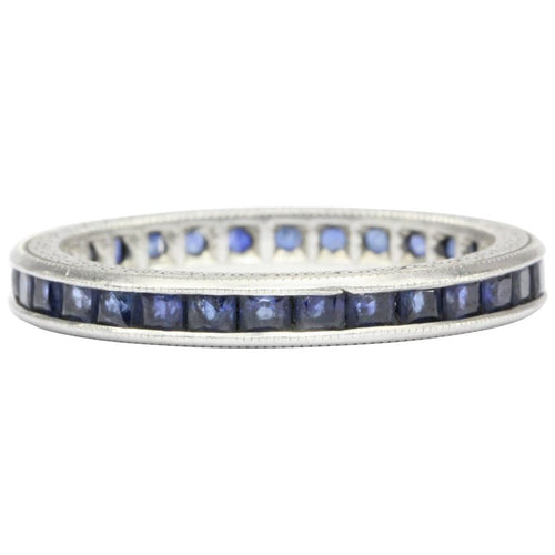 Rare Art Deco Platinum 1 CTW Natural Sapphire Band Engraved Size 6.5 - Queen May