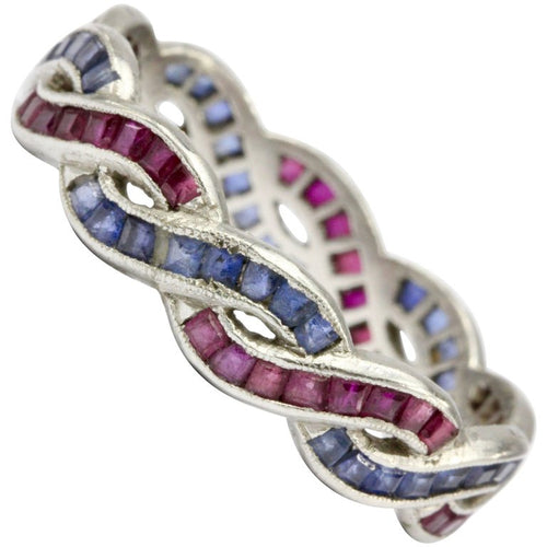 Rare Art Deco Platinum Ruby and Sapphire Woven Eternity Band Size 8.75 - Queen May