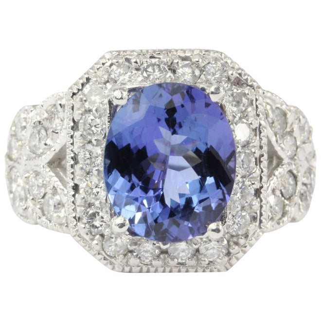 14K White Gold 5 Carat Tanzanite and 2.5 CTW Diamond Ring - Queen May