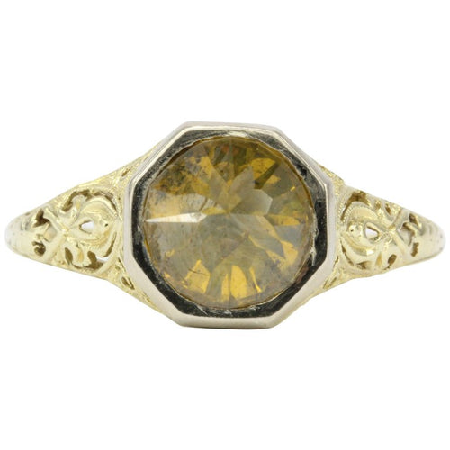 Platinum & 14K Yellow Gold Art Deco Setting with Upside Down Set 2 CT Fancy Yellow Orange Diamond Ring - Queen May