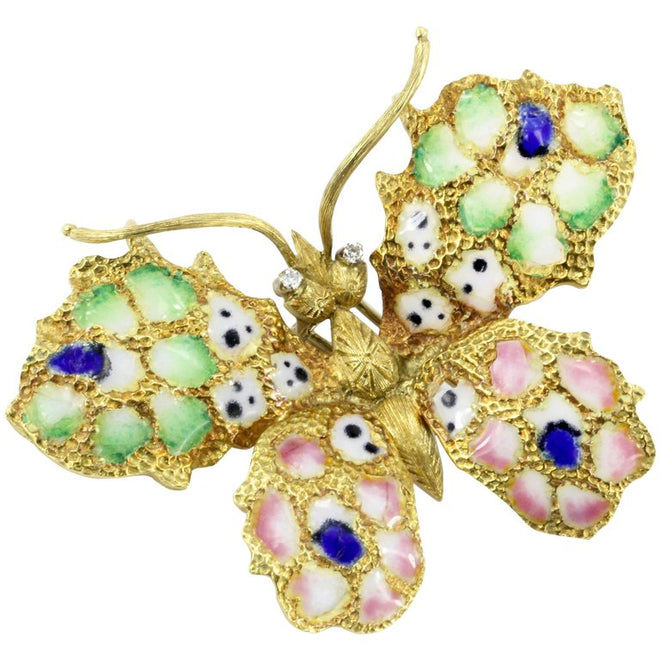 Retro Art Nouveau Revival 18K Yellow Gold Plique a Jour Enamel Butterfly Brooch - Queen May