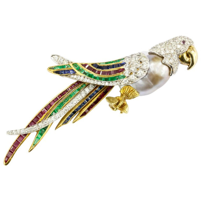 18K Yellow Gold and Platinum Baroque Pearl Ruby Emerald Sapphire and Diamond Parrot Brooch - Queen May