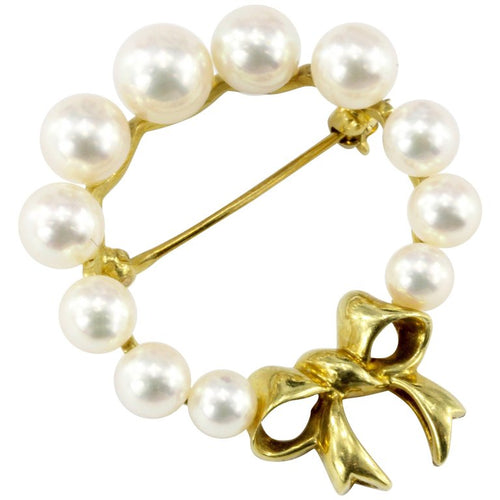 Tiffany & Co 18K Yellow Gold and Pearl Wreath with Bow Brooch Pin - Queen May