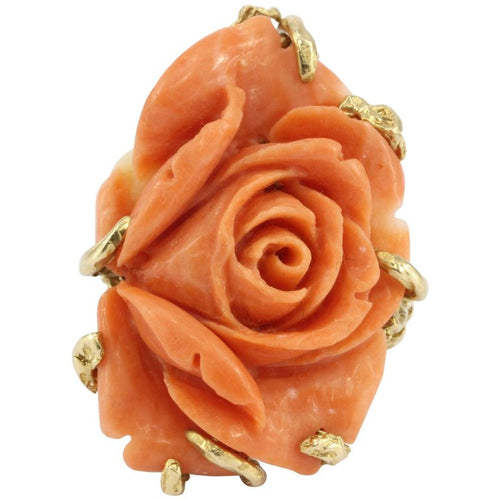 Retro 14K Yellow Gold Coral Carved Flower Cocktail Ring Size 7 - Queen May