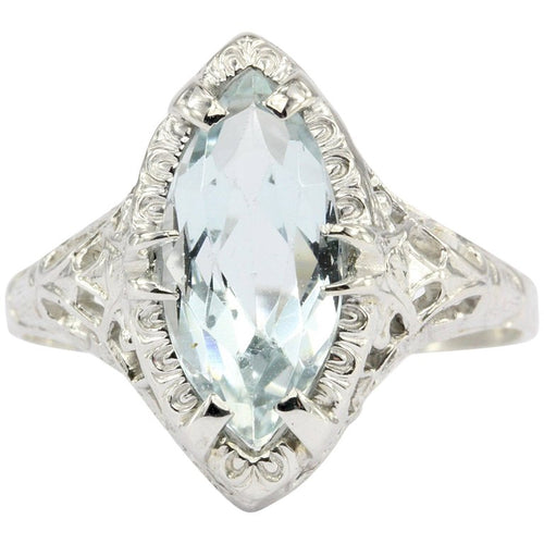 Art Deco 14K White Gold Aquamarine Ring Size 7.5 - Queen May