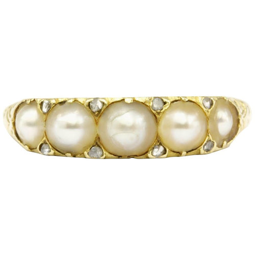 Victorian 18K Yellow Gold Rose Cut Diamond and Natural Pearl Band Ring Size 6.75 - Queen May