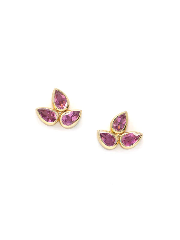 14K Yellow Gold Fleur de Lis Pink Tourmaline Bouquet Studs - Queen May