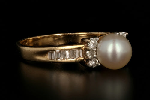 Modern 14K Yellow Gold 6.15mm Pearl And Diamond Ring - Queen May
