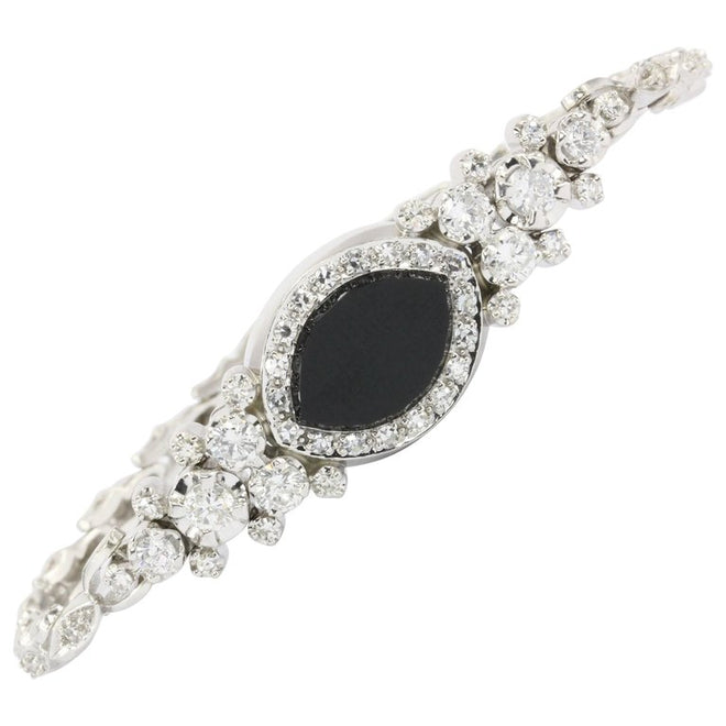 14K White Gold Diamond and Onyx Watch Conversion Bracelet - Queen May