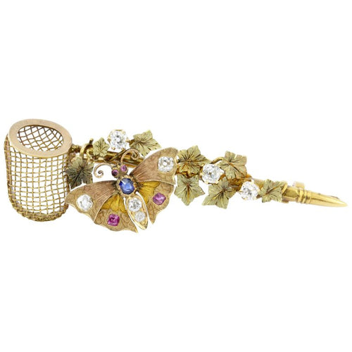 Victorian 14K Gold Old Mine Diamond Ruby & Sapphire Butterfly Net Ivy Brooch - Queen May