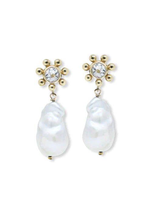 14K Yellow Gold Dew Drop Marine Pearl & Topaz Earrings - Queen May