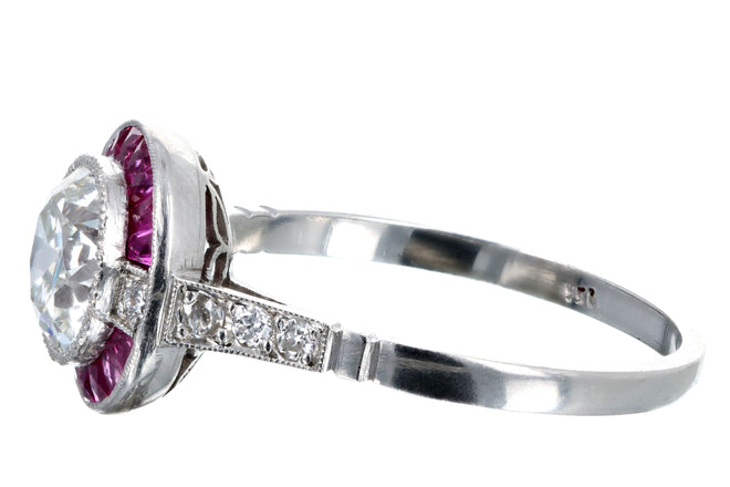 Art Deco Inspired Platinum 1.29 Carat Old European Cut Diamond Ruby Halo Engagement Ring GIA Certified - Queen May