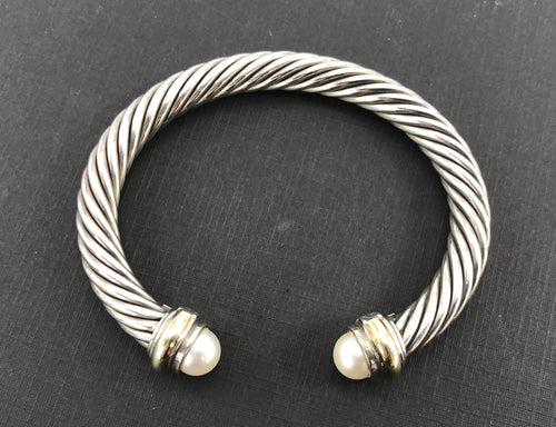 David Yurman Sterling Silver 14K Gold Pearl Classic 7mm Cable Cuff Bracelet - Queen May