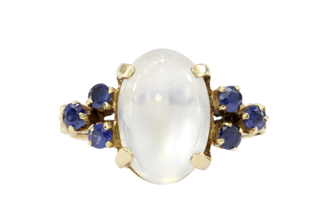 14K Yellow Gold 4 CT Moonstone and Blue Sapphire Ring - Queen May