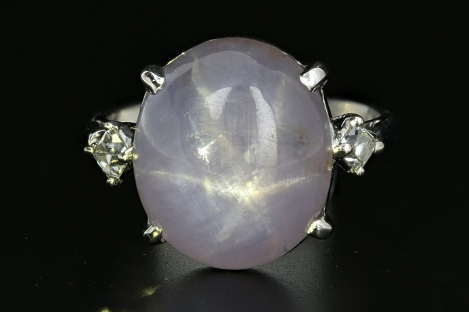 1930's Platinum 18.56 CT Natural Star Sapphire .18 CTW French Cut Diamond Ring - Queen May