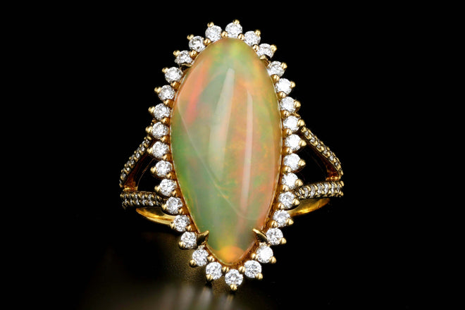 14K Yellow Gold 8.5 CT Ethiopian Opal with .75CTW Diamond Halo Ring - Queen May