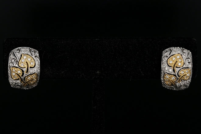 18K Yellow & White Gold Leaf Design Diamond Huggie Hoop Earrings - Queen May