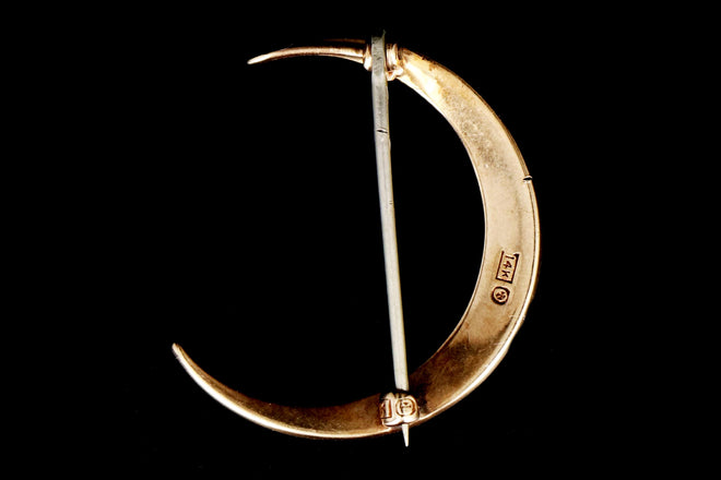 Victorian 14K Gold Crescent Moon Seed Pearl Pin Brooch c.1890's - Queen May