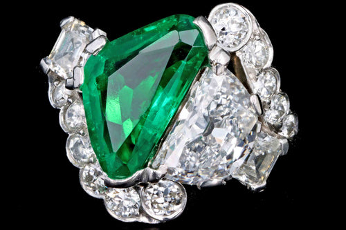 Art Deco Platinum 2 Carat Modified Triangular Cut Colombian Emerald & 1.10 Carat Half Moon Cut Diamond Ring GIA & AGL Certified - Queen May