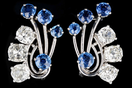 Art Deco Platinum 3.3CTW Old Mine Cut Diamond and 1.7CTW Natural Yogo Gulch Sapphire Earrings - Queen May