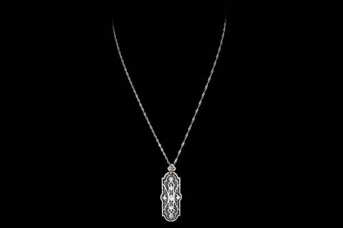 Art Deco 14K White Gold Pendant/Brooch Diamond Necklace - Queen May